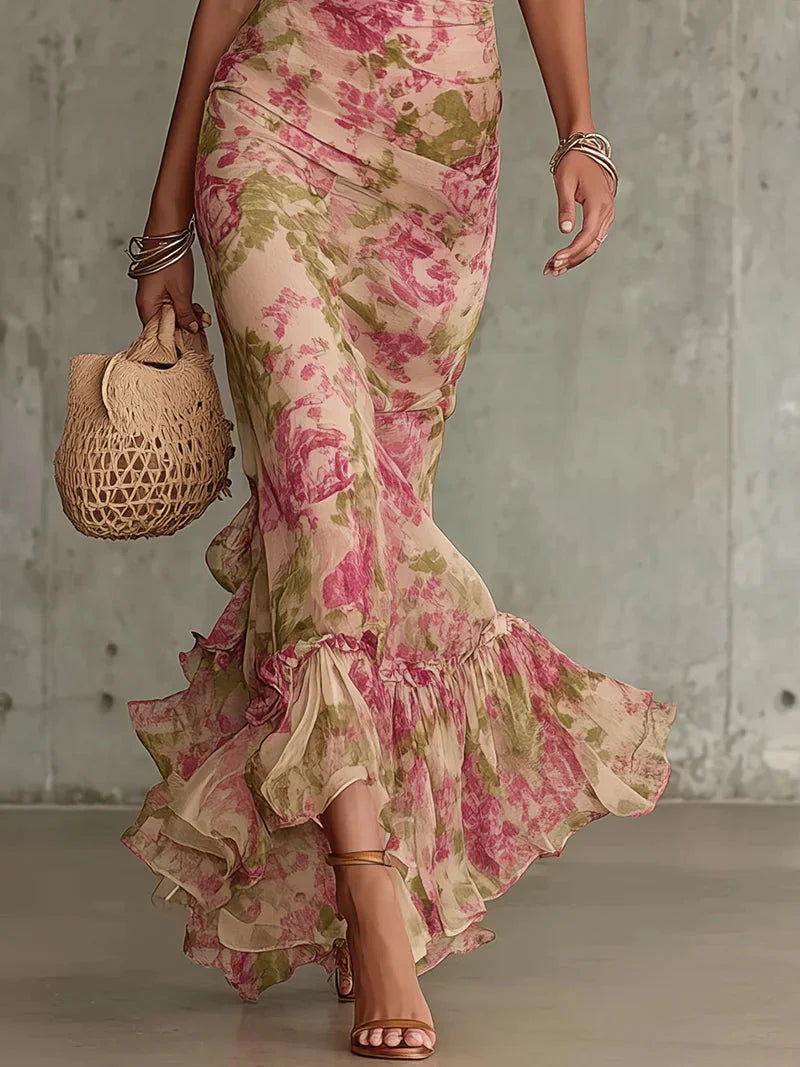 Eugenia | Abito lungo con stampa floreale vintage rosa e maniche a sbuffo (Accessori non inclusi)