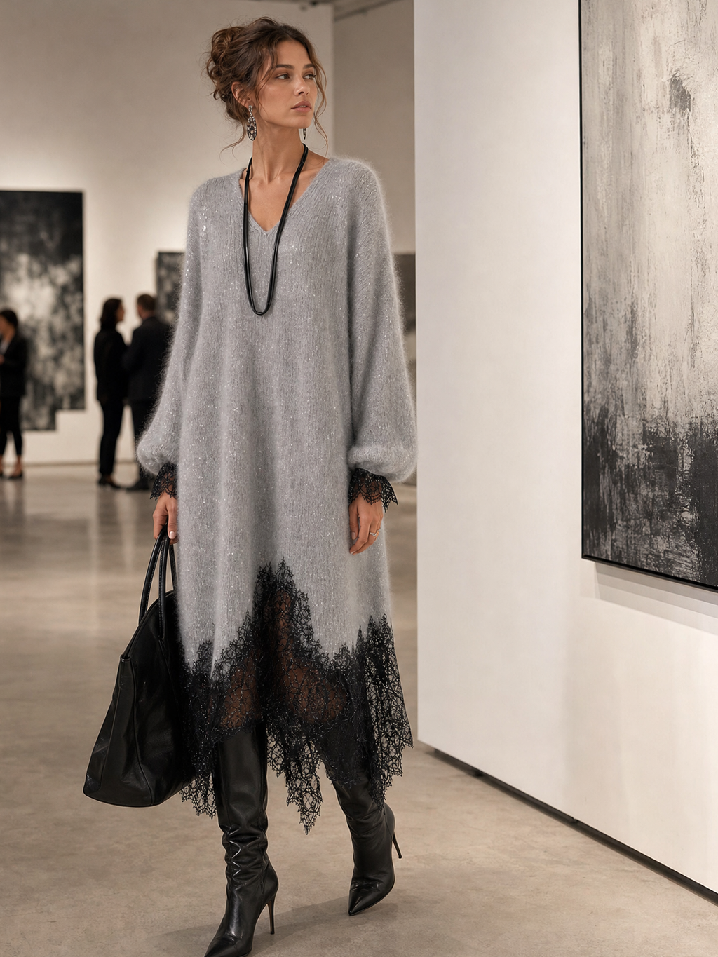 ABITO MIDI GRIGIO IN MAGLIA LUCIDA CON BORDO IN PIZZO