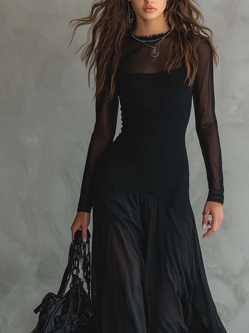 Abito lungo a trapezio in tulle nero
