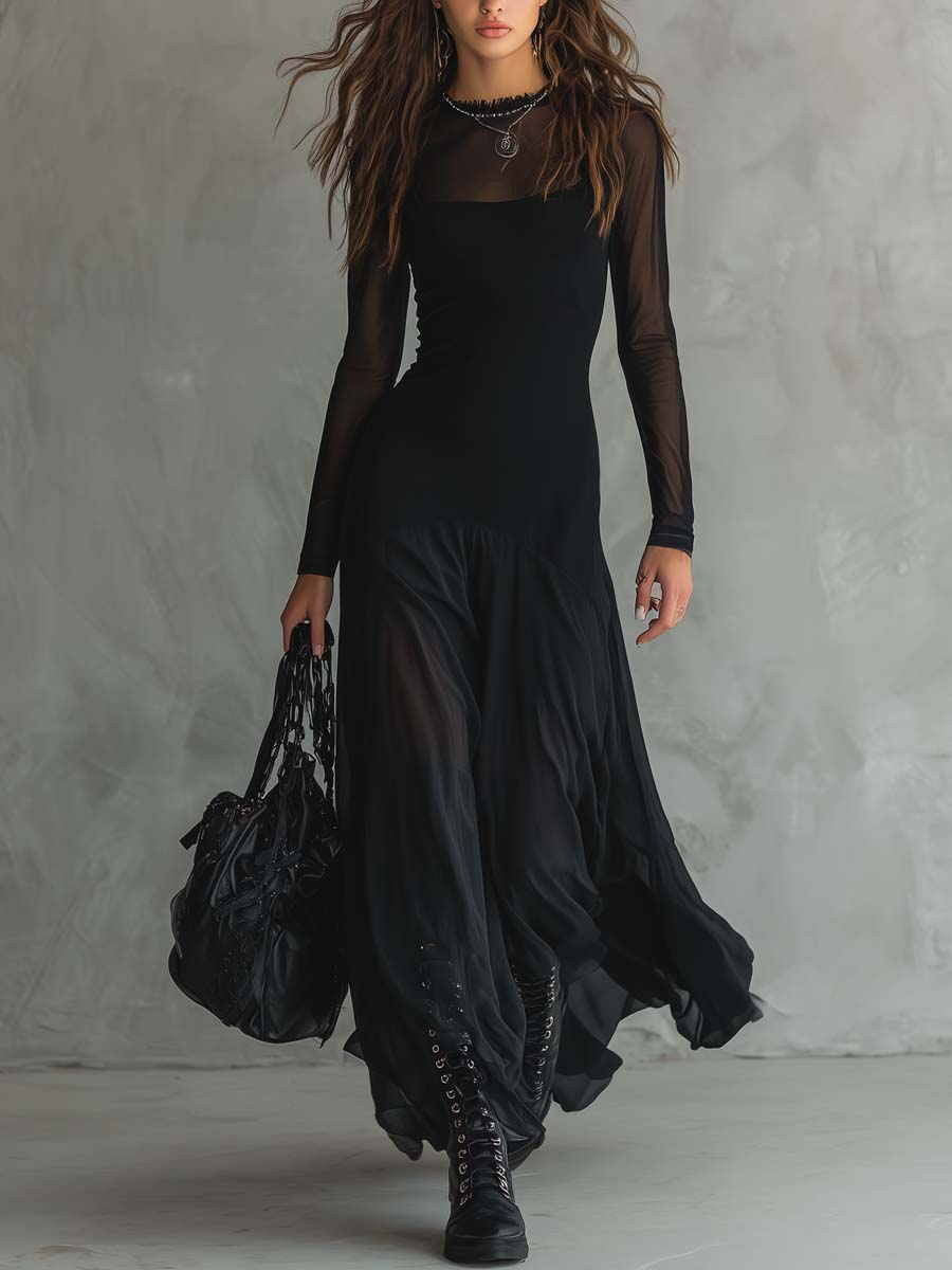Abito lungo a trapezio in tulle nero