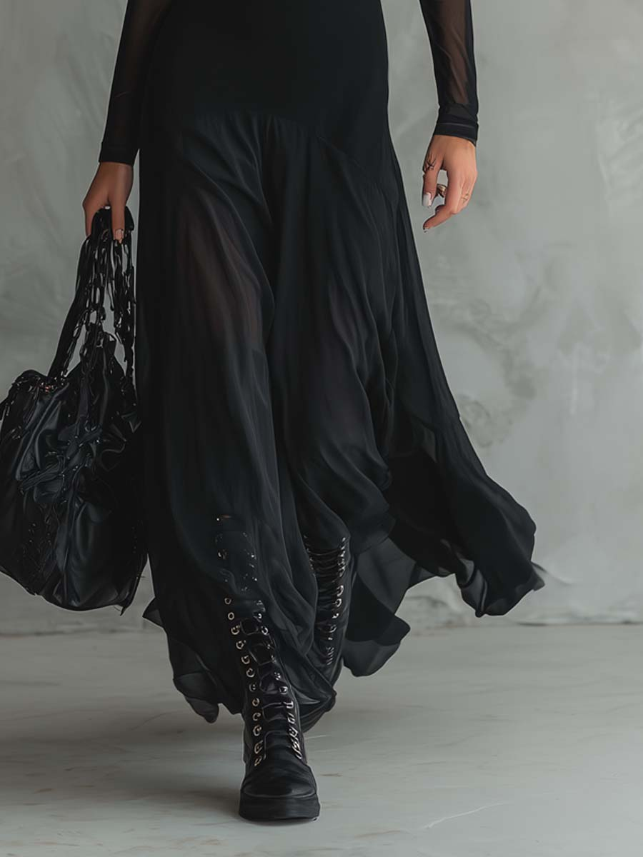 NEROA • ABITO LUNGO IN TULLE NERO DALLA VESTIBILITÀ AMPIA