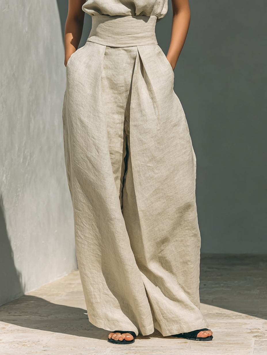 AURORA • COMPLETO COMPOSTO DA TOP BEIGE SENZA MANICHE IN MISTO LINO E COTONE FINTI E PANTALONI A GAMBA LARGA