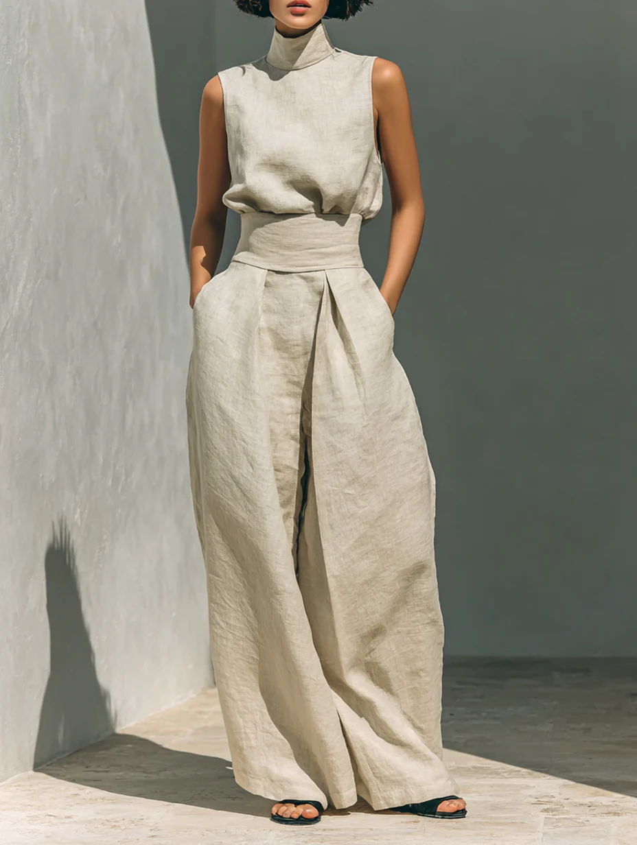 AURORA • COMPLETO COMPOSTO DA TOP BEIGE SENZA MANICHE IN MISTO LINO E COTONE FINTI E PANTALONI A GAMBA LARGA