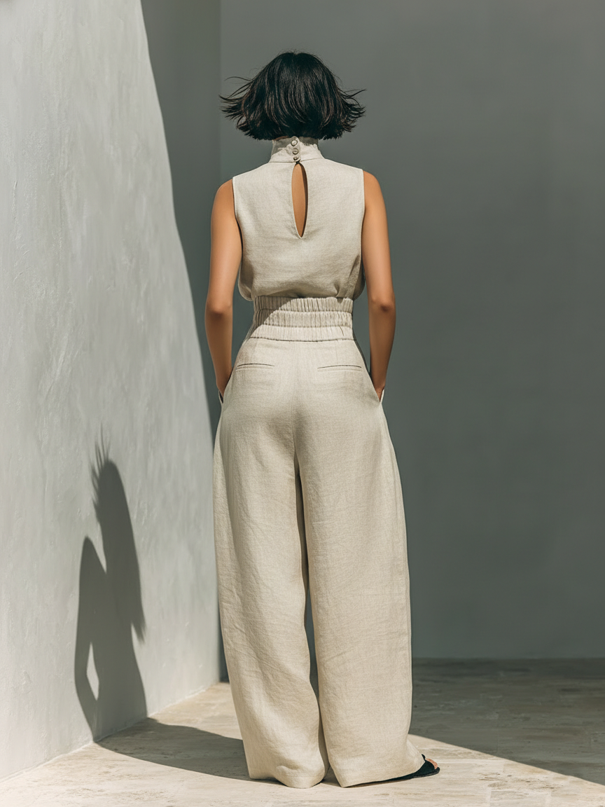 AURORA • COMPLETO COMPOSTO DA TOP BEIGE SENZA MANICHE IN MISTO LINO E COTONE FINTI E PANTALONI A GAMBA LARGA