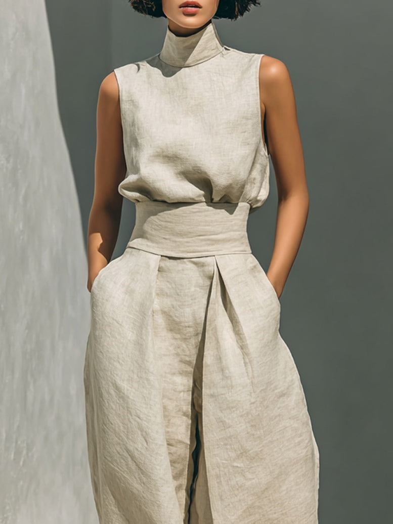 AURORA • COMPLETO COMPOSTO DA TOP BEIGE SENZA MANICHE IN MISTO LINO E COTONE FINTI E PANTALONI A GAMBA LARGA