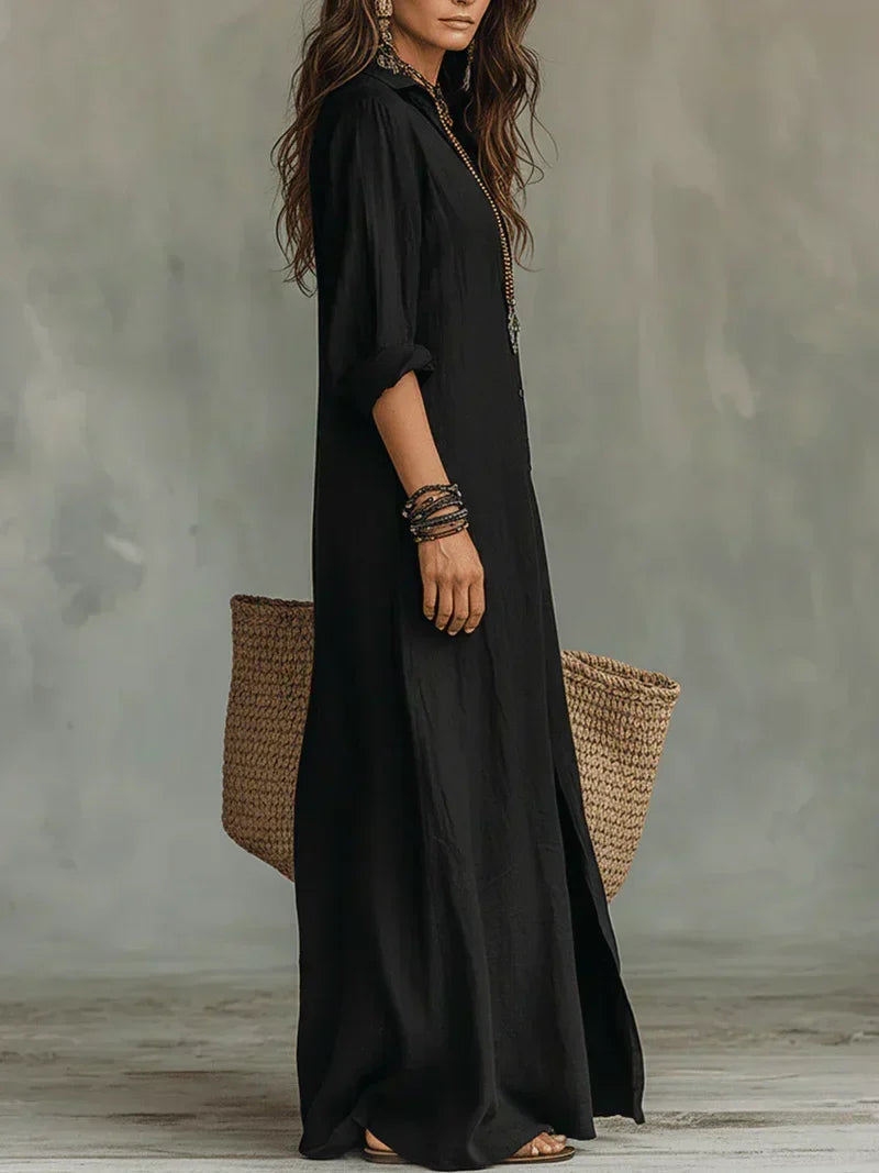 CÉLINE | ABITO LUNGO NERO A VOLUME CON BOTTONI