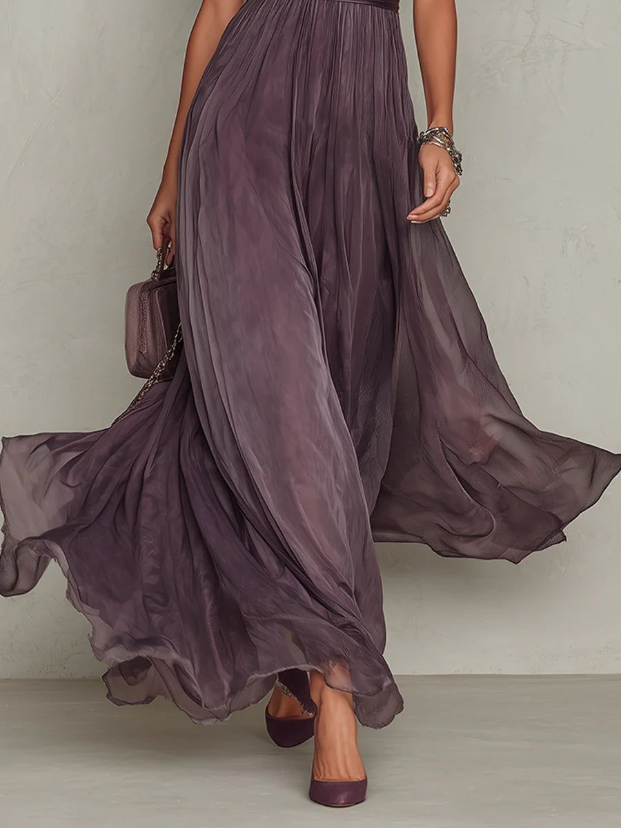 FLAVIA • ABITO LUNGO VIOLA CON SCOLATURA A GOCCIA E ORLO IN PIZZO CHIFFON
