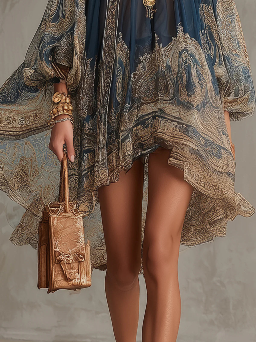 BÉRÉNICE | ABITO MINI IN MUSSOLA ASIMMETRICO CON STAMPA BAROCCA BLU NAVY E COLLO ALTO