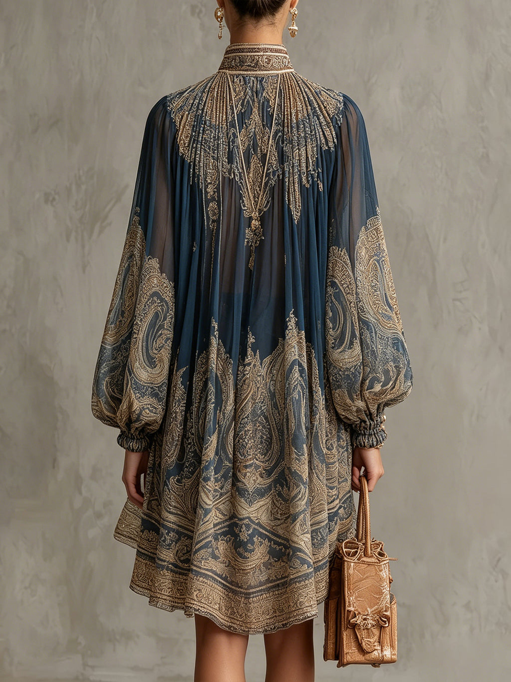 BÉRÉNICE | ABITO MINI IN MUSSOLA ASIMMETRICO CON STAMPA BAROCCA BLU NAVY E COLLO ALTO