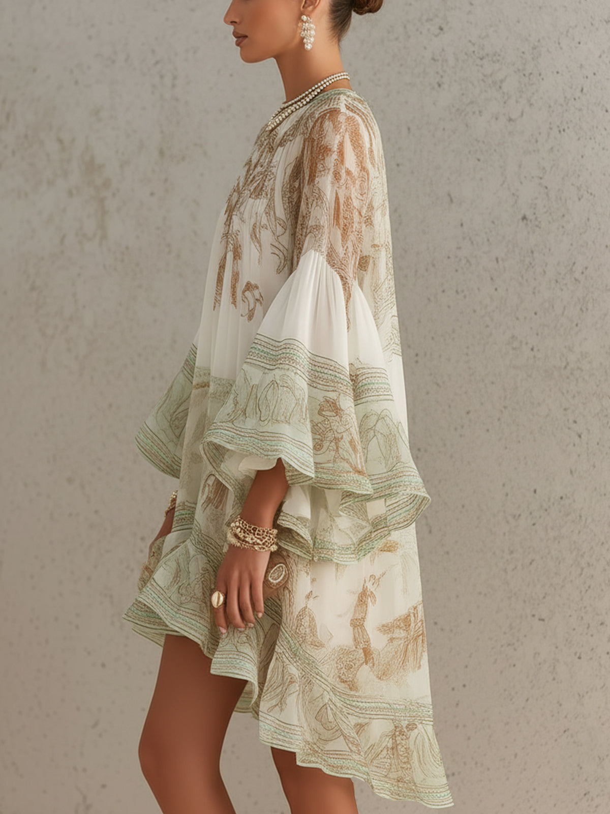 ROSALIE | VESTITO MINI IN MUSSOLA CON MANICHE A VOLANT E ORLO A RIGHE VERDI
