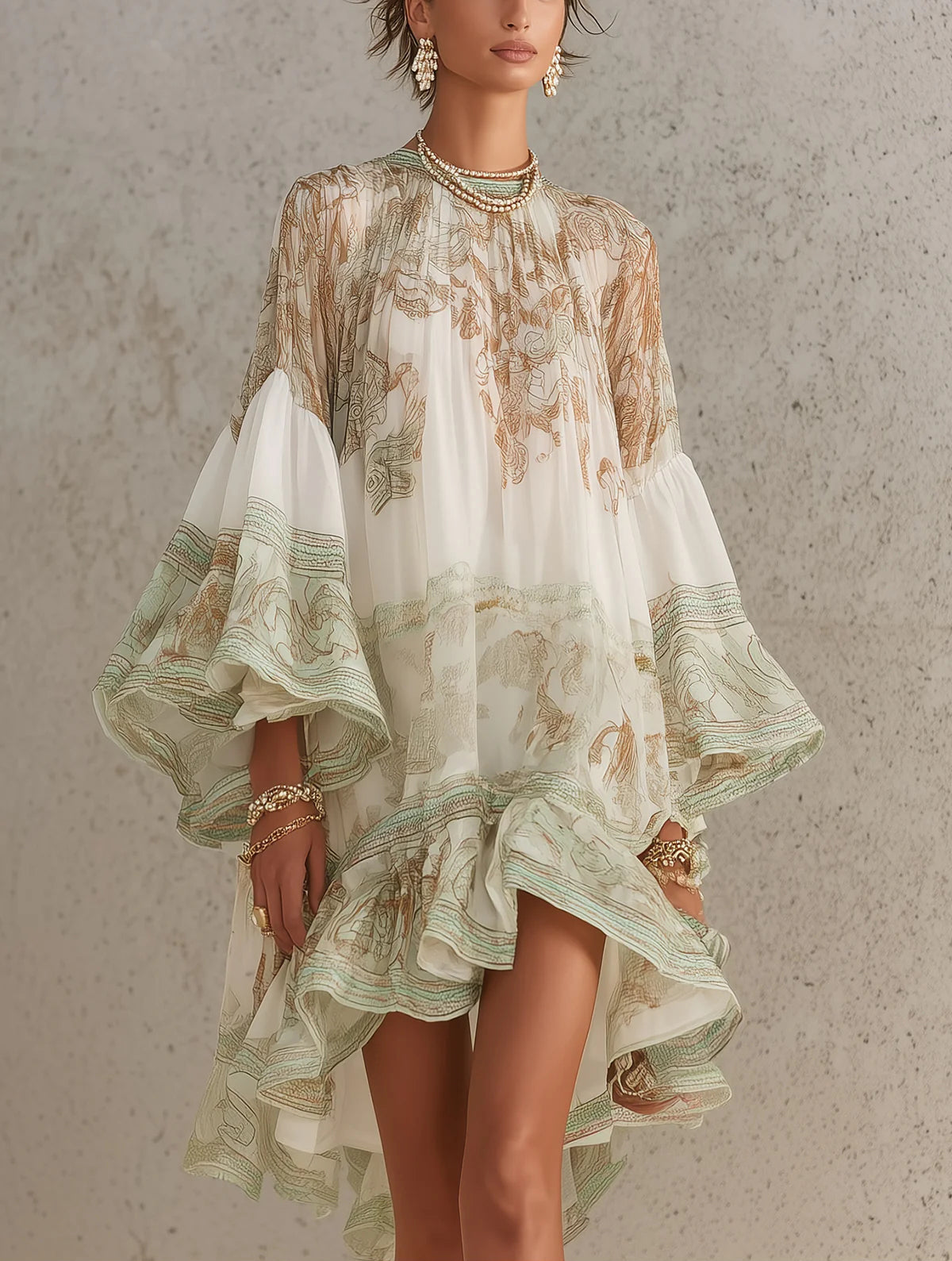 ROSALIE | VESTITO MINI IN MUSSOLA CON MANICHE A VOLANT E ORLO A RIGHE VERDI