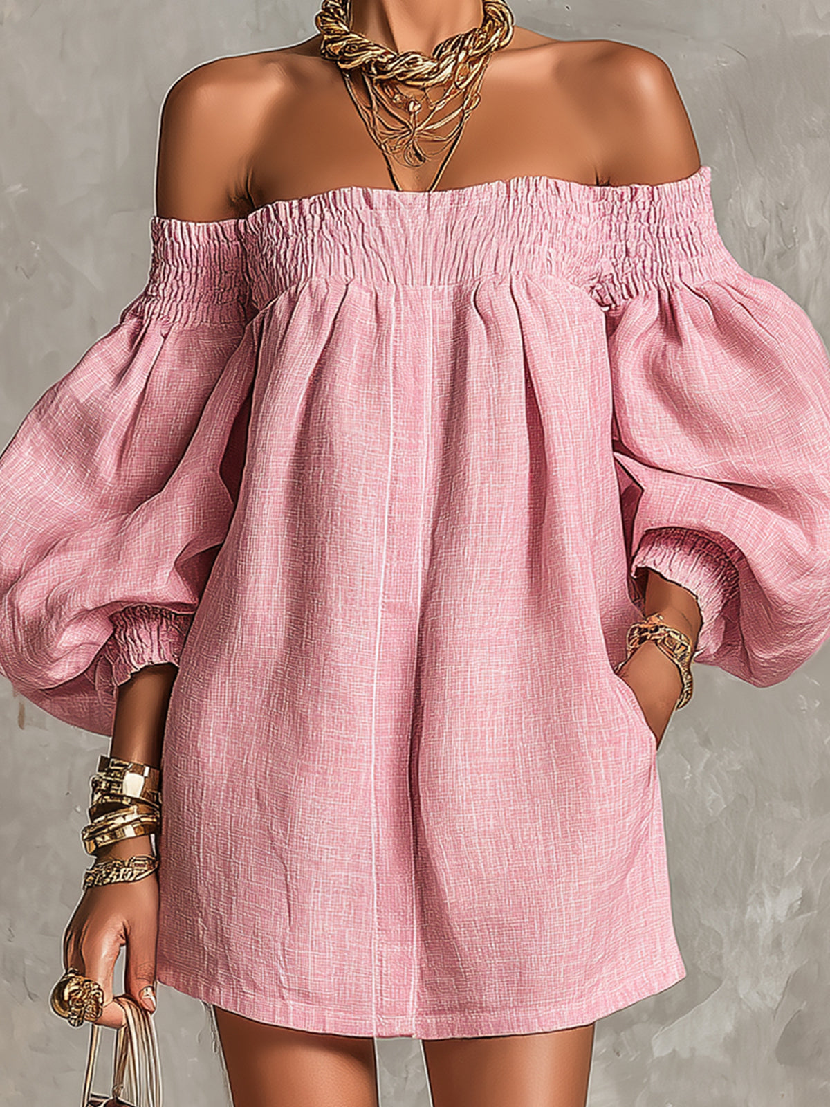 ROSABELLE | MINI ABITO A TRAPEZIO AMPIO, MANICHE A LANTERNA, SPALLE SCOPERTE ROSA