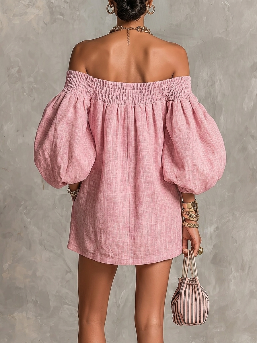 VIOLETTE | VESTITO MINI A TRAPEZIO ROSA CON MANICHE A LANTERNA E SPALLE SCOPERTE