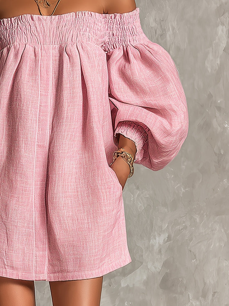 VIOLETTE | VESTITO MINI A TRAPEZIO ROSA CON MANICHE A LANTERNA E SPALLE SCOPERTE