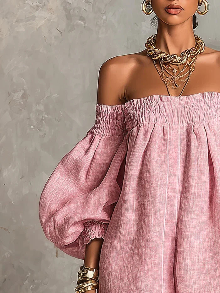 Gisela | Vestito Mini Rosa a linea A con maniche a lanterna e spalle scoperte