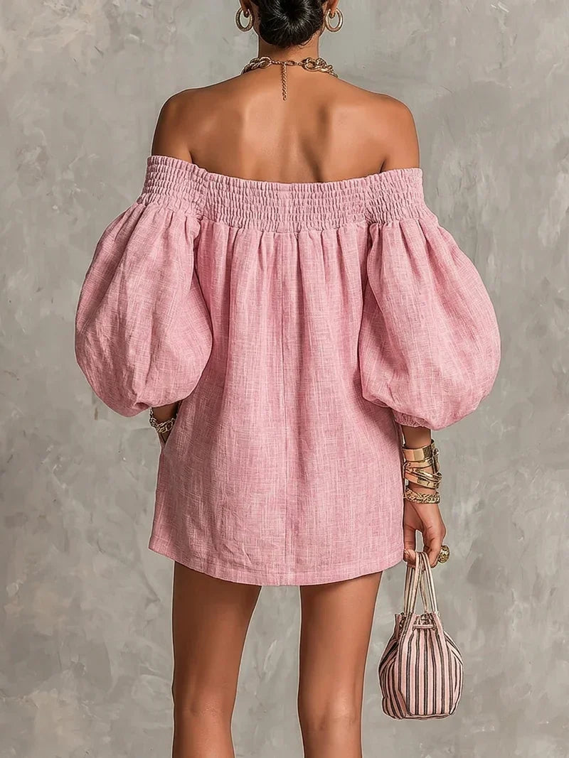 Gisela | Vestito Mini Rosa a linea A con maniche a lanterna e spalle scoperte