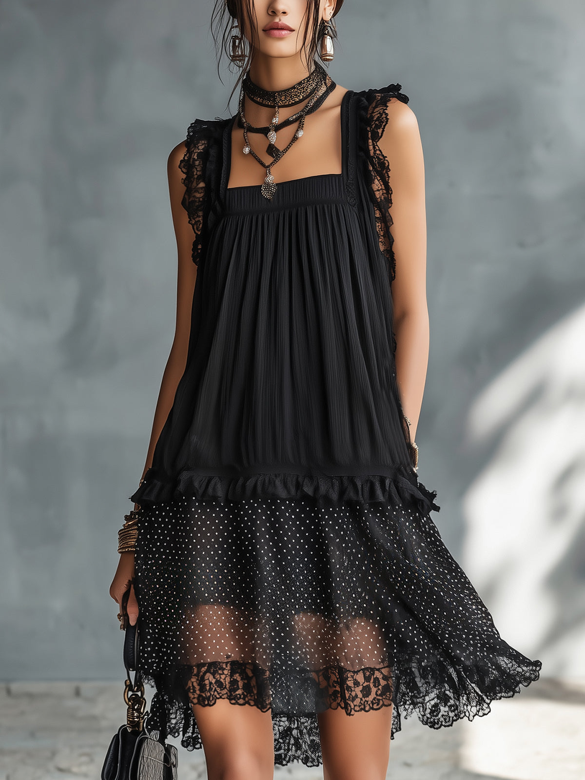PAULINE | ABITO MINI TRASPARENTE A POIS CON VOLANT E BORDO IN PIZZO NERO