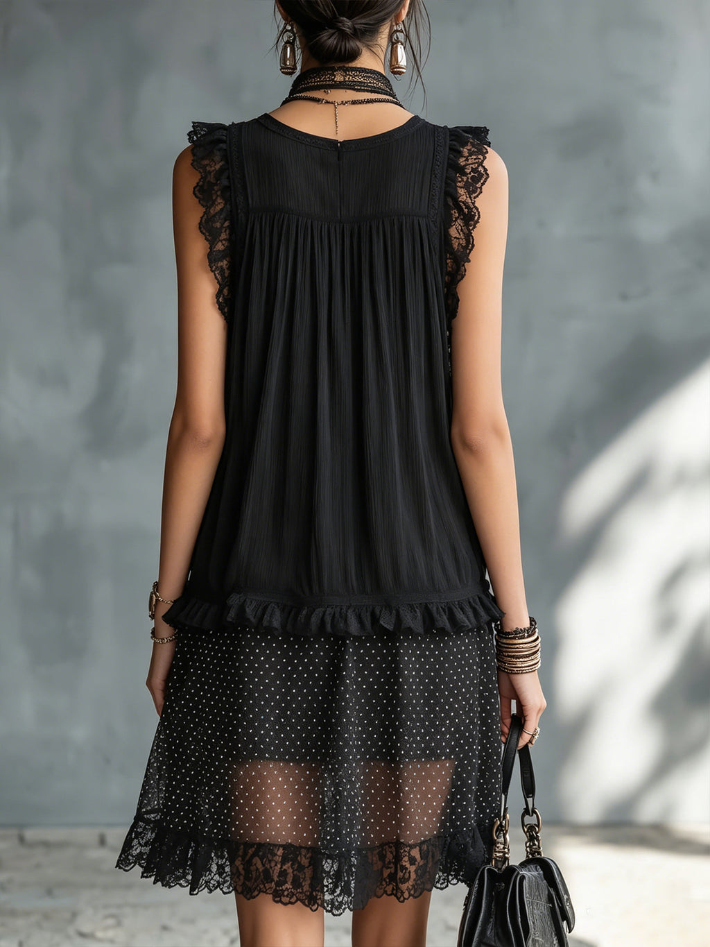 PAULINE | ABITO MINI TRASPARENTE A POIS CON VOLANT E BORDO IN PIZZO NERO