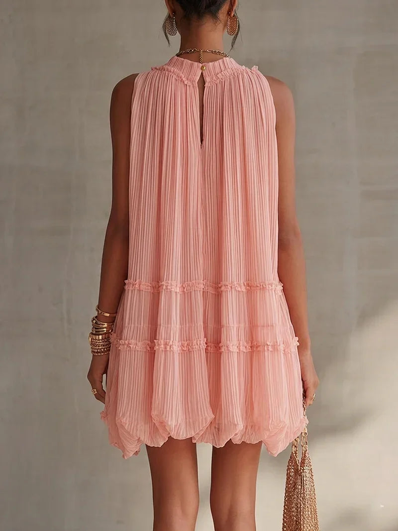Magdalena | Vestito mini in chiffon rosa a righe con scollo a halter