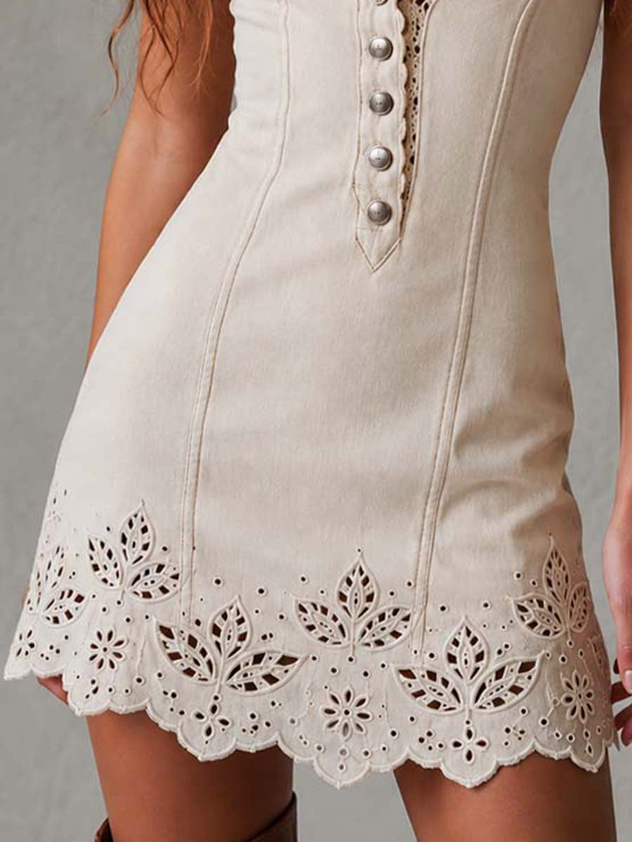 GABRIELLE | VESTITO MINI IN PIZZO TRAFORATO AVORIO CON SCOLLO A V