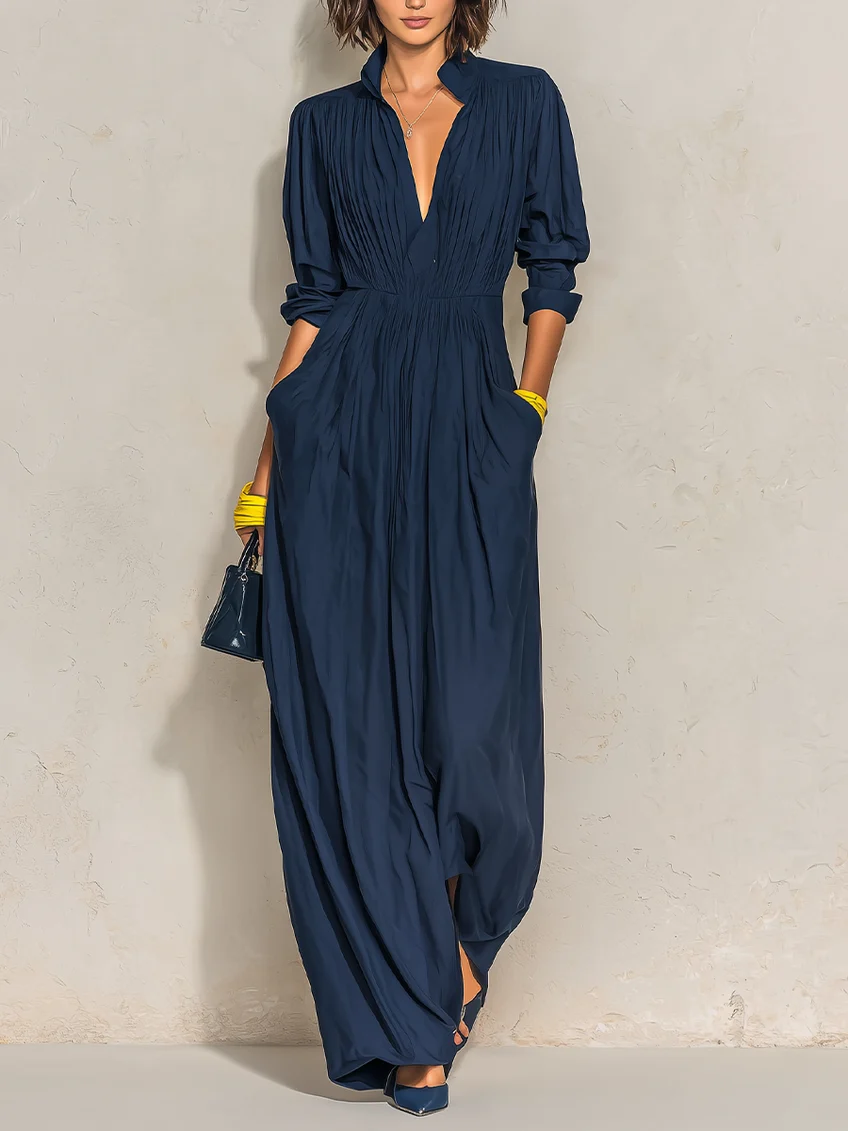 AZURINE | ABITO LUNGO PLISSETTATO BLU NAVY CON SCOLLO A V