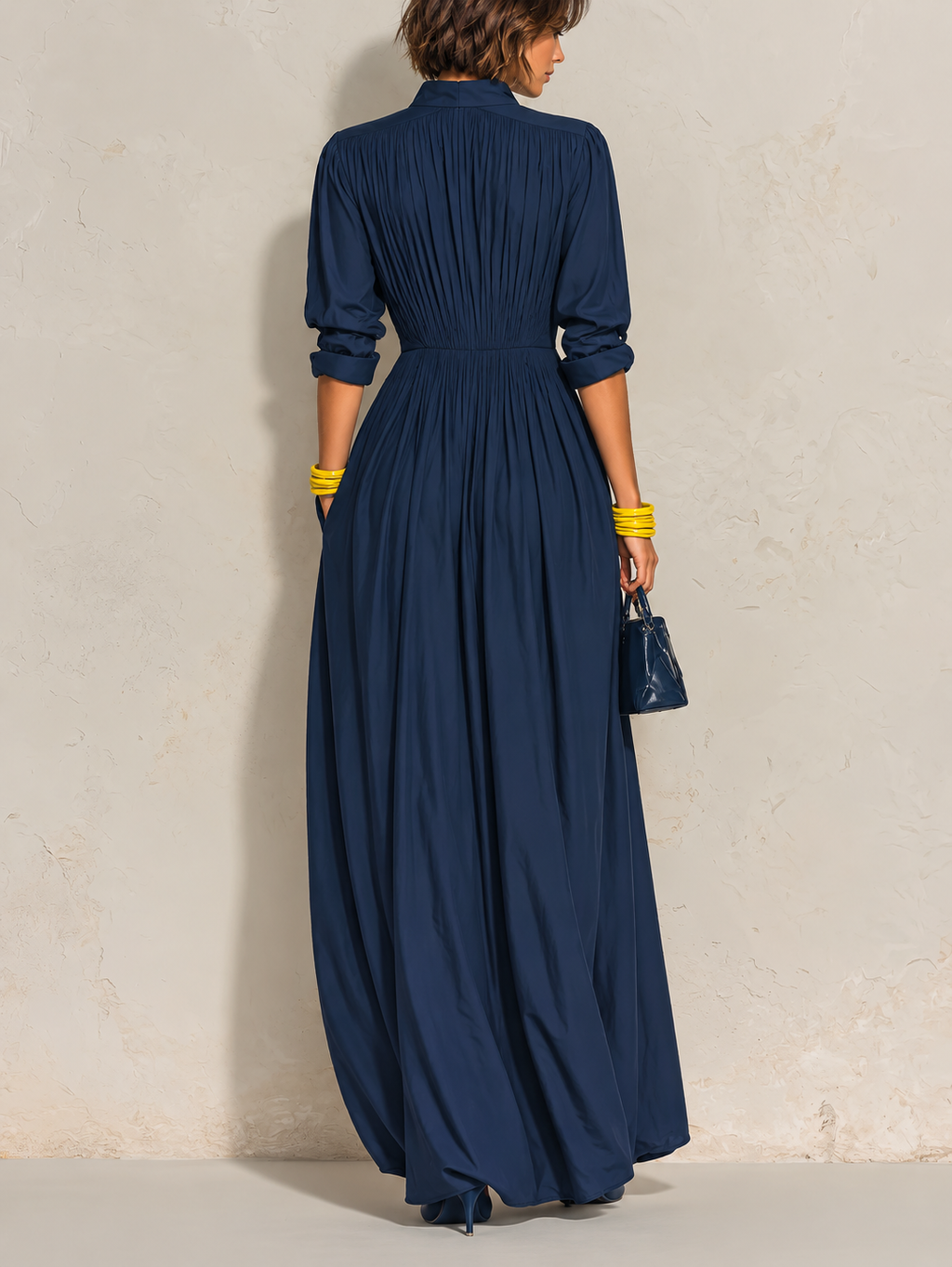 AZURINE | ABITO LUNGO PLISSETTATO BLU NAVY CON SCOLLO A V