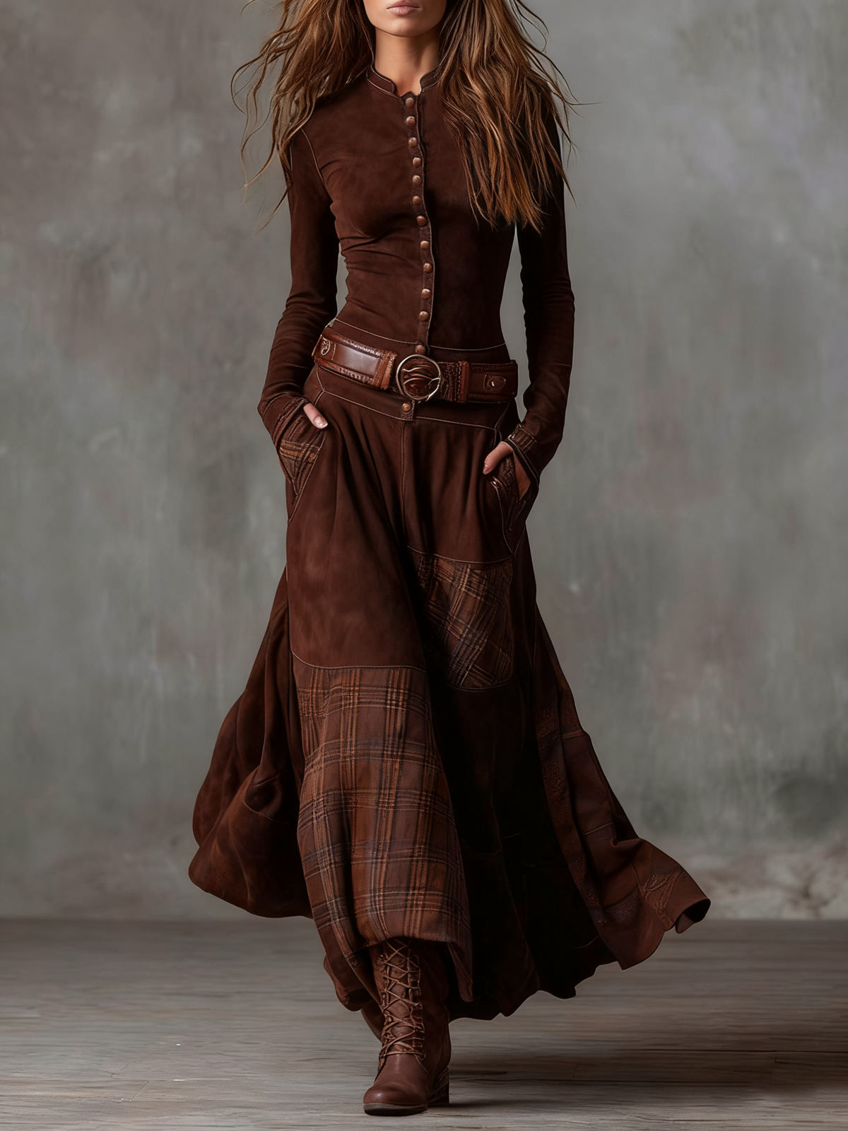 ÉLISE | ABITO MAXI IN CAMOSCIO CON CINTURA