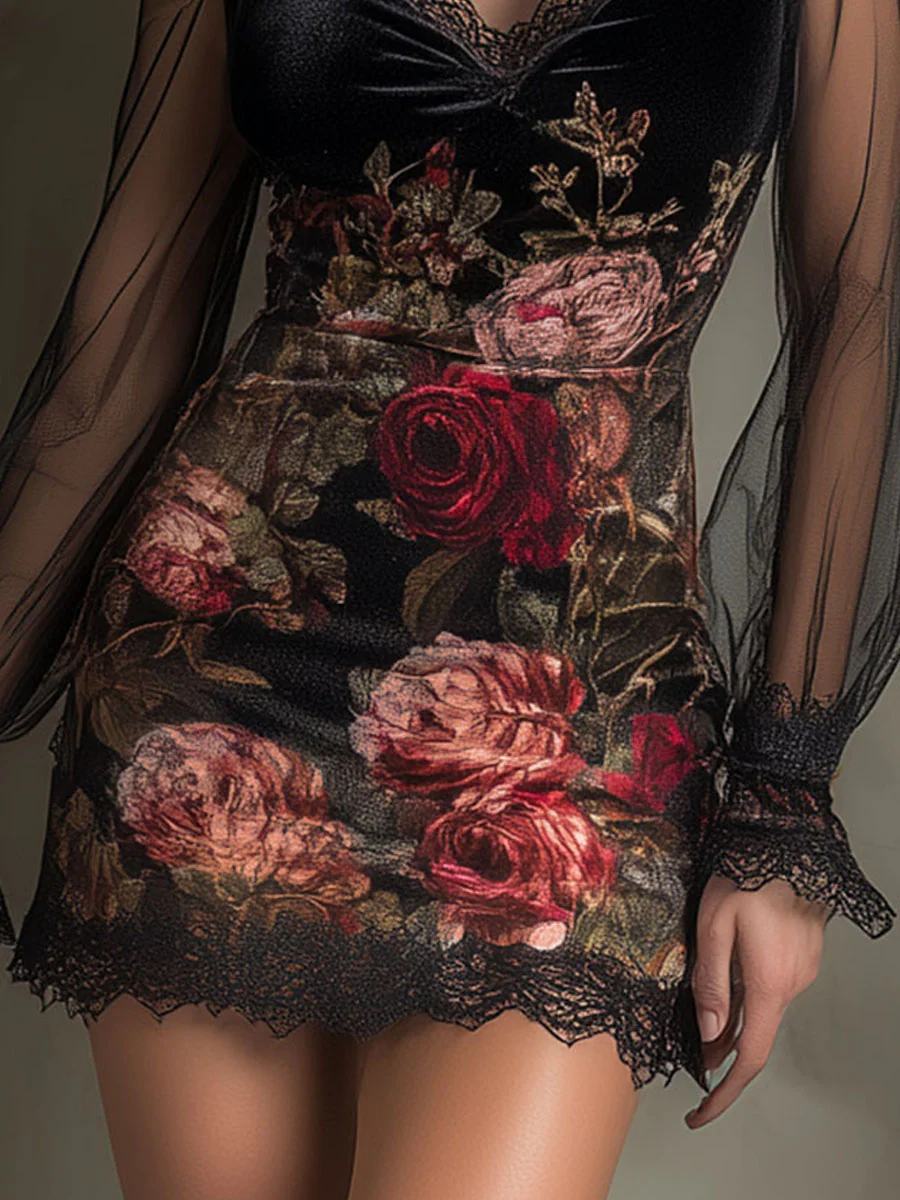 ÉGLANTINE | MINI ABITO IN TULLE, STAMPA A ROSE E PIZZO
