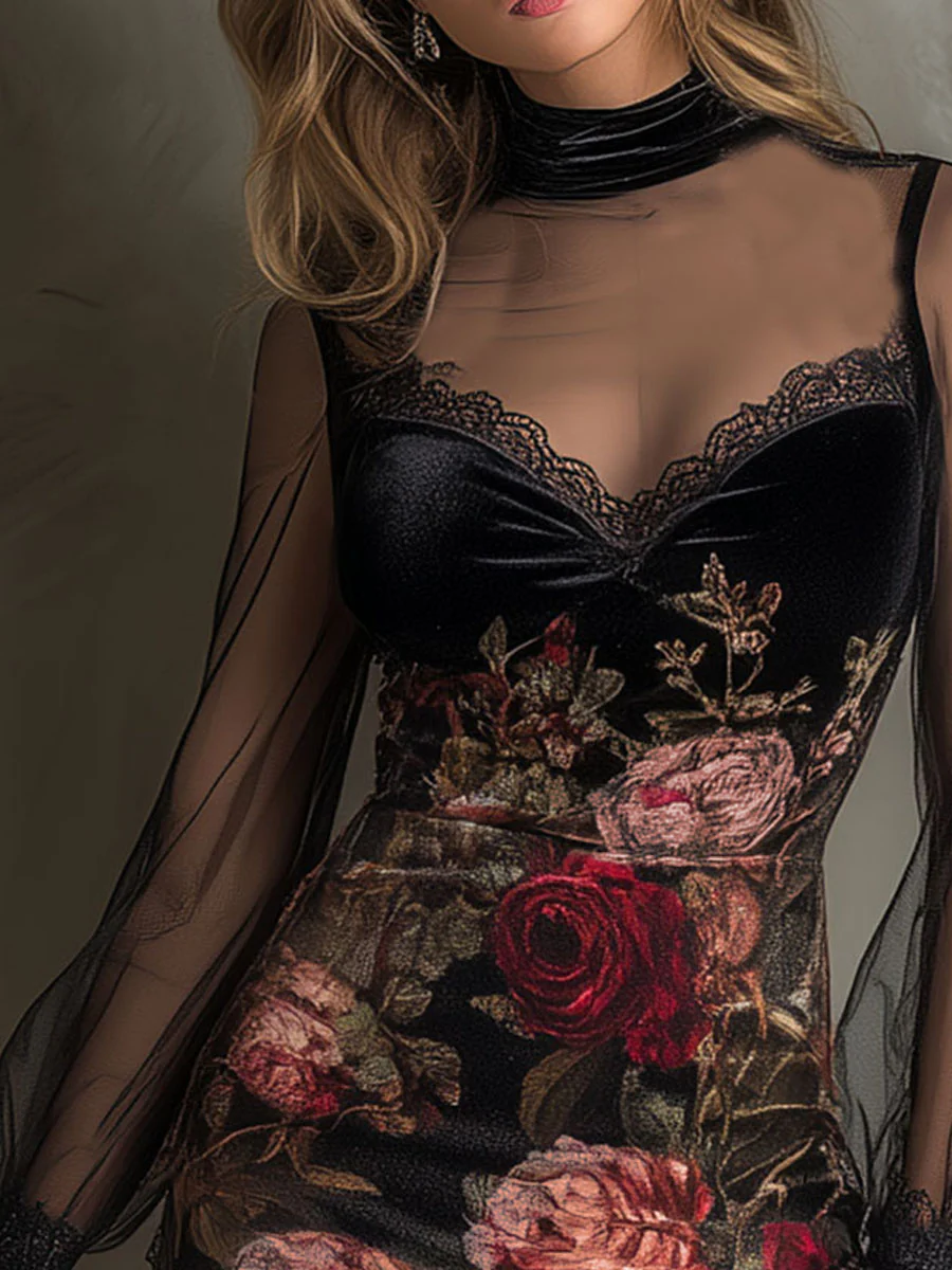 ÉGLANTINE | MINI ABITO IN TULLE, STAMPA A ROSE E PIZZO