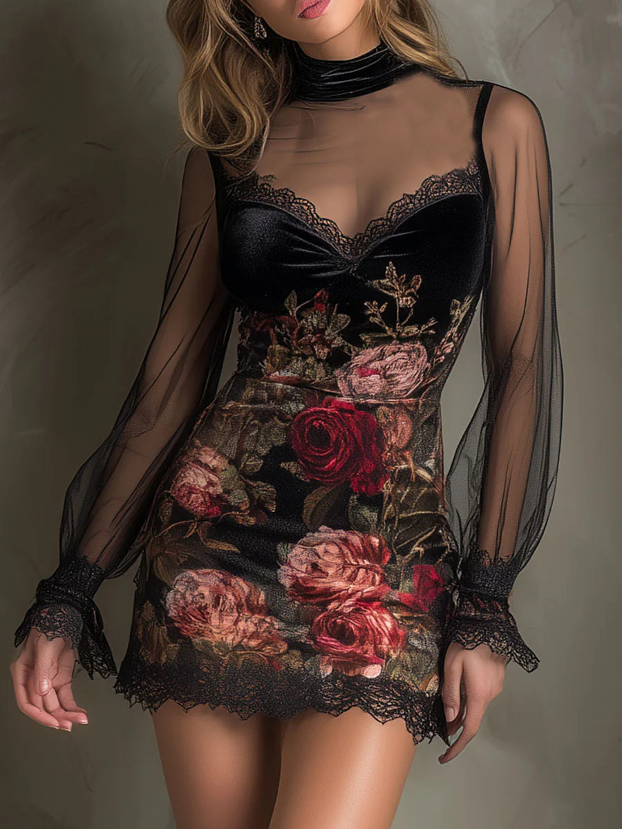 ÉGLANTINE | MINI ABITO IN TULLE, STAMPA A ROSE E PIZZO