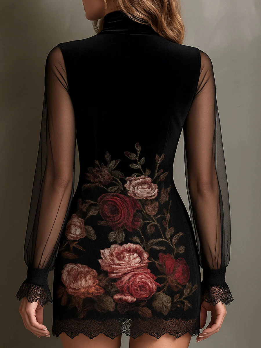 ÉGLANTINE | MINI ABITO IN TULLE, STAMPA A ROSE E PIZZO