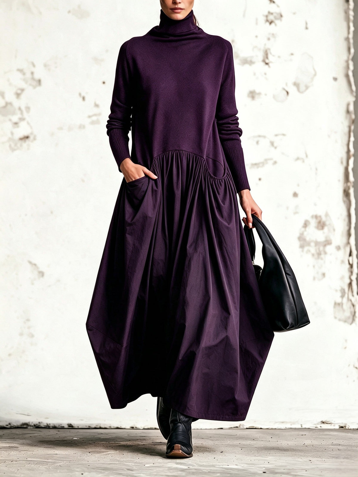 ODETTE | ABITO MAXI NERO OVERSIZE CON COLLO ALTO