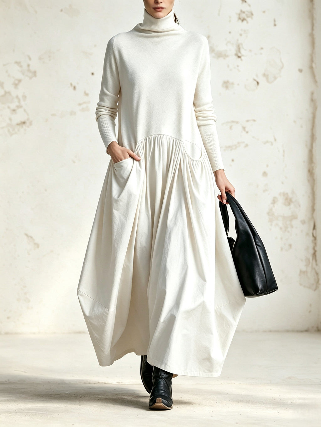 MAXI ABITO OVERSIZE NERO CON COLLO ALTO E DETTAGLIO TASCHE