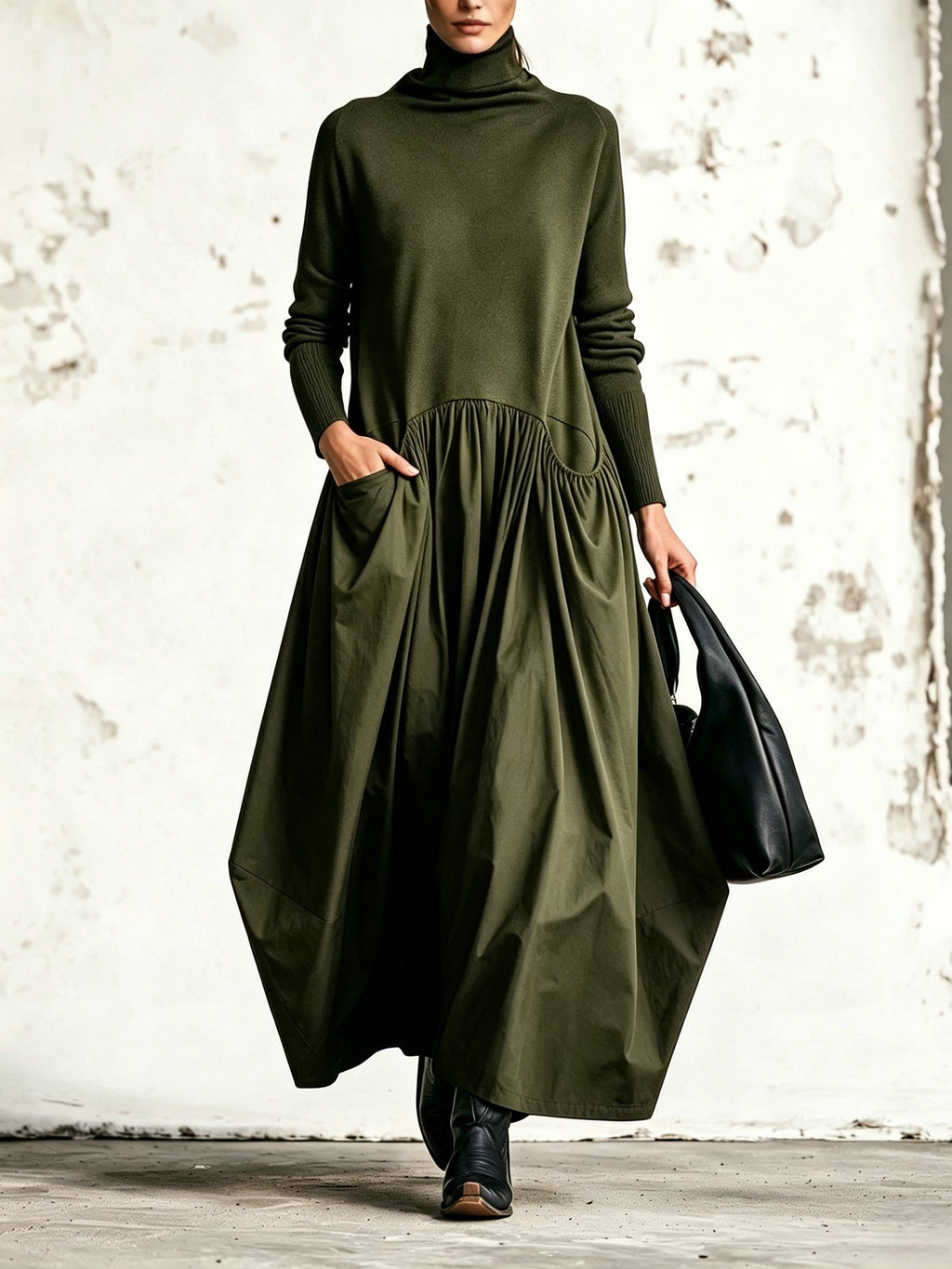 MAXI ABITO OVERSIZE NERO CON COLLO ALTO E DETTAGLIO TASCHE