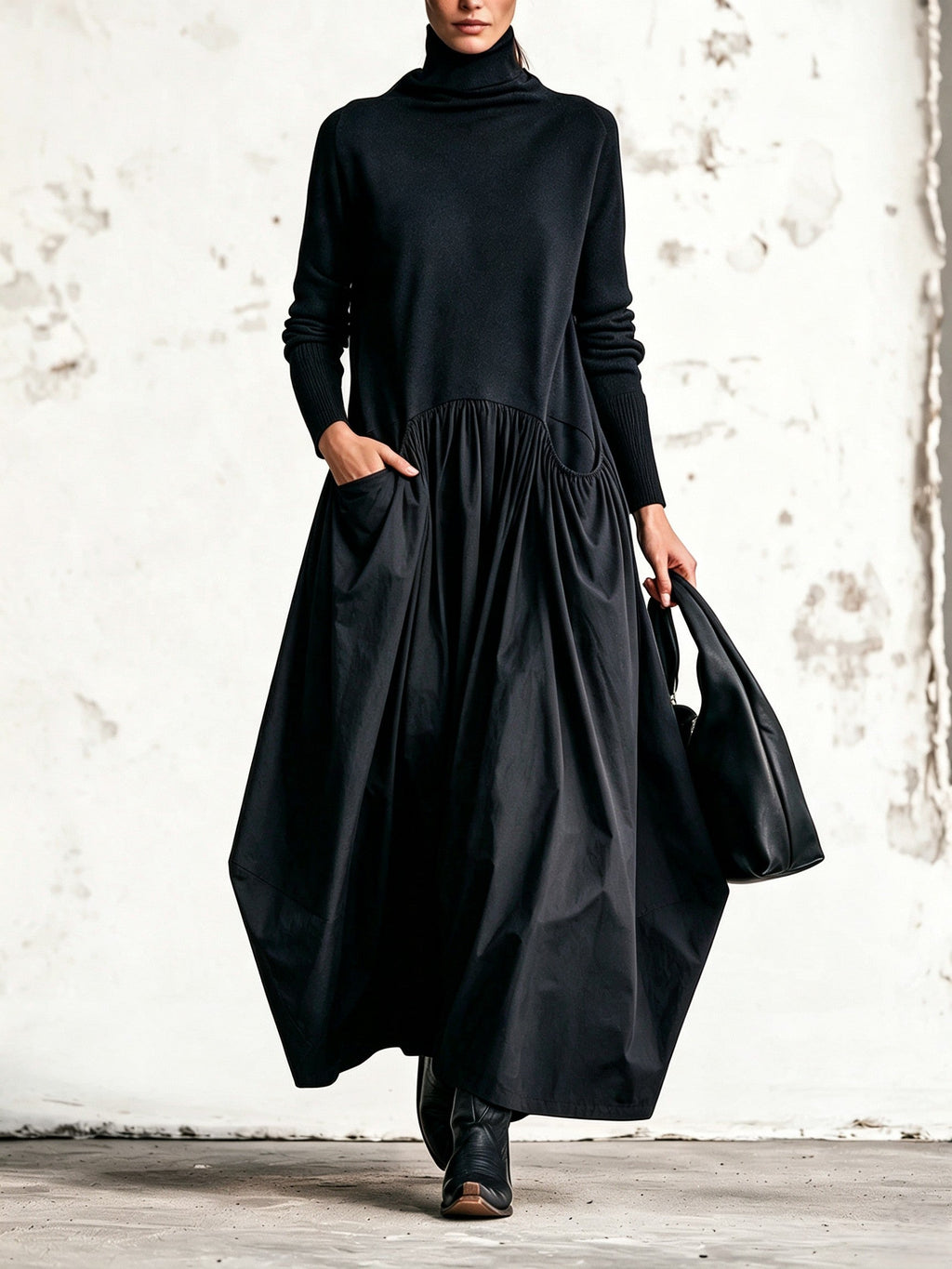 MAXI ABITO OVERSIZE NERO CON COLLO ALTO E DETTAGLIO TASCHE