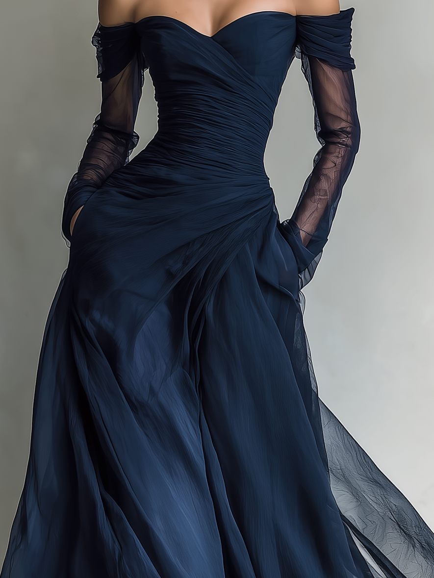 Abito lungo elegante in chiffon e organza blu scuro con maniche lunghe e spalle scoperte da donna