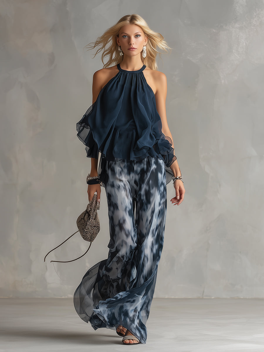 LUDMILA | ELEGANTE IN CHIFFON CON TOP A COLLO ALTO E PANTALONI LARGHI STAMPATI
