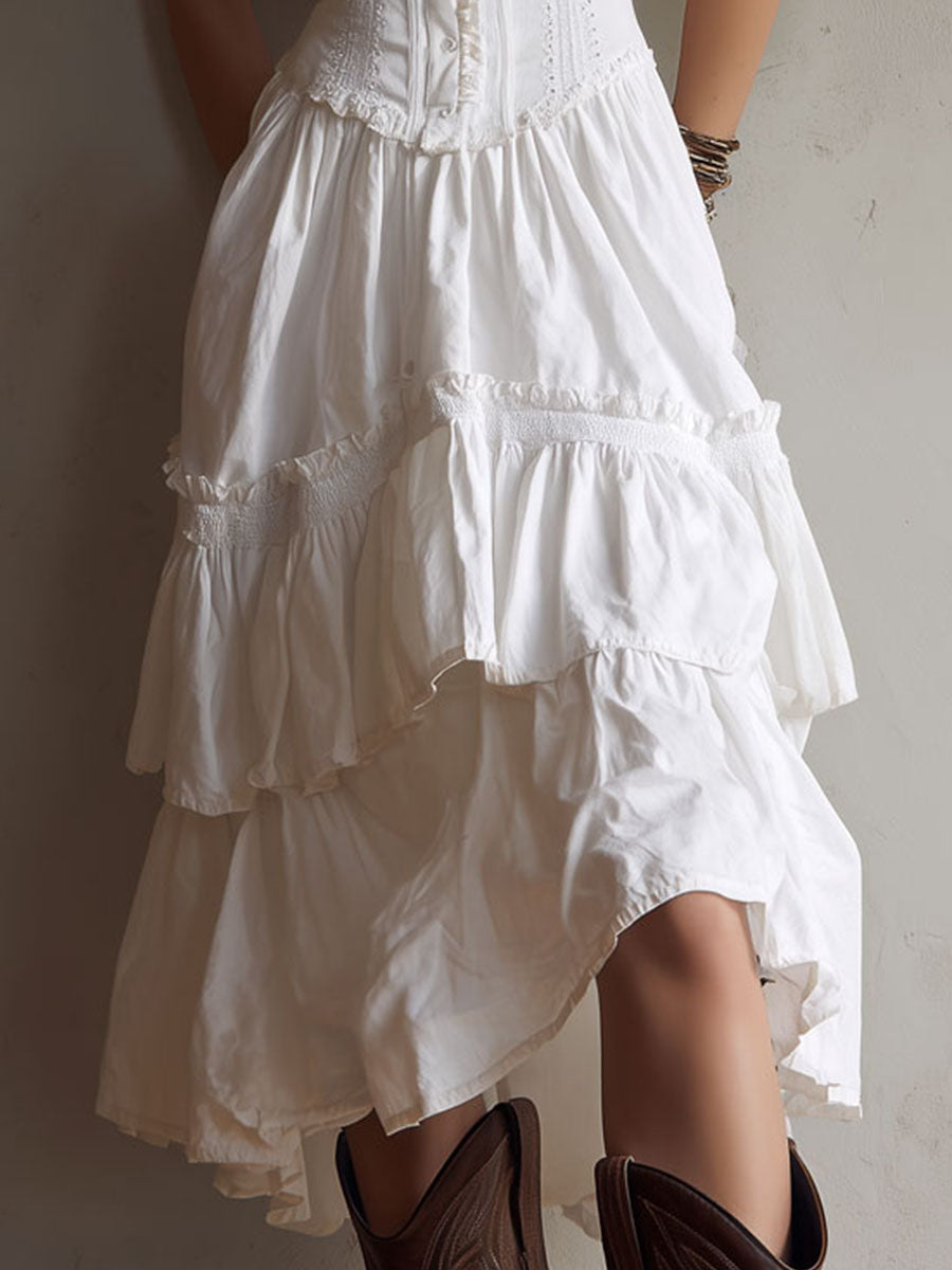 ABITO MIDI RETRÒ BOHO CON CORSETTO A PIÙ STRATI E BORDI IN PIZZO