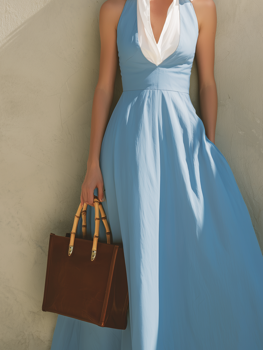 VESTITO LUNGO SENZA MANICHE AZZURRO CHIARO CON COLLETTO ELEGANTE DA DONNA