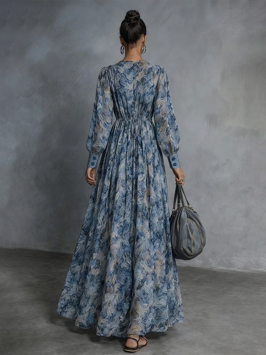 ABITO LUNGO IN CHIFFON CON STAMPA FLOREALE BLU IN STILE BOHÉMIEN DA DONNA CON SCOLLO A V E MANICHE A LANTERNA