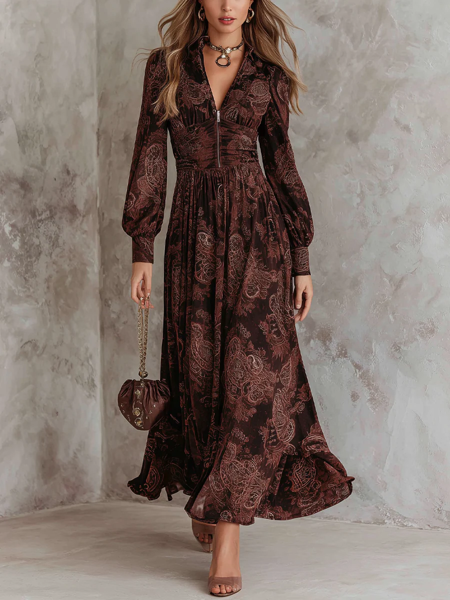ORIANE | ABITO MAXI MARRONE A VITA ALTA CON ZIP E STAMPA PAISLEY