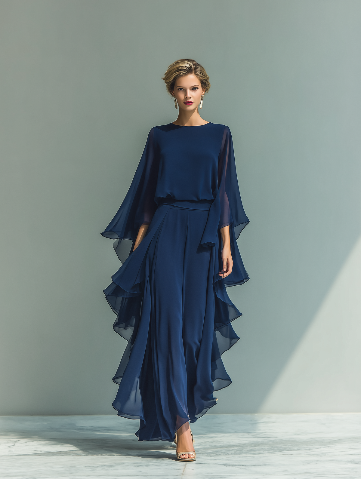 Completo in chiffon blu navy con maniche svasate e pantaloni dritti con dettagli arricciati