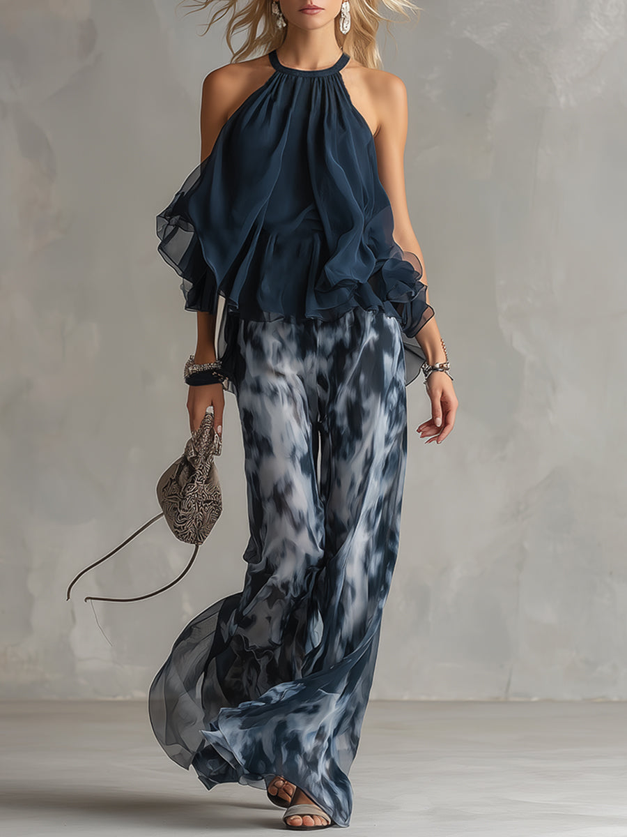 LUDMILA | ELEGANTE IN CHIFFON CON TOP A COLLO ALTO E PANTALONI LARGHI STAMPATI