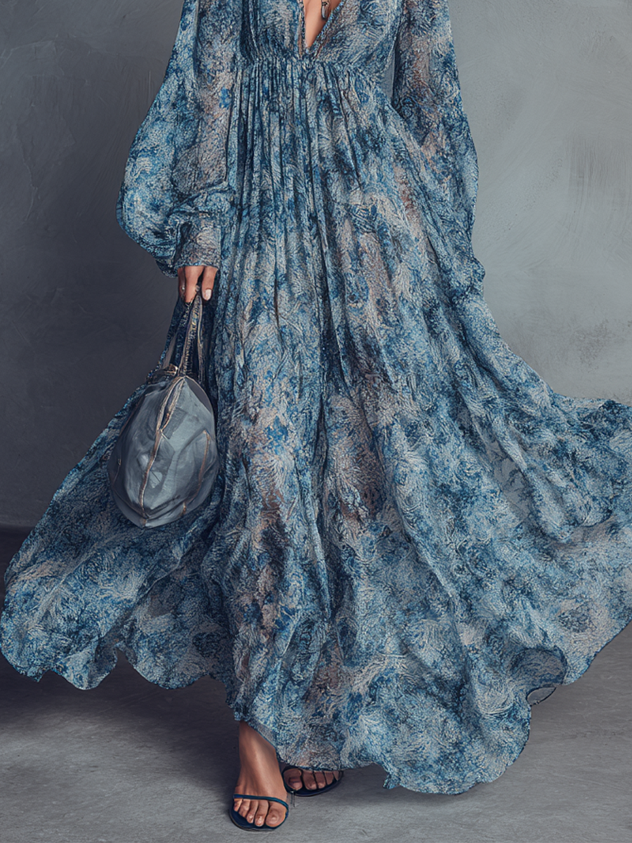 ABITO LUNGO IN CHIFFON CON STAMPA FLOREALE BLU IN STILE BOHÉMIEN DA DONNA CON SCOLLO A V E MANICHE A LANTERNA
