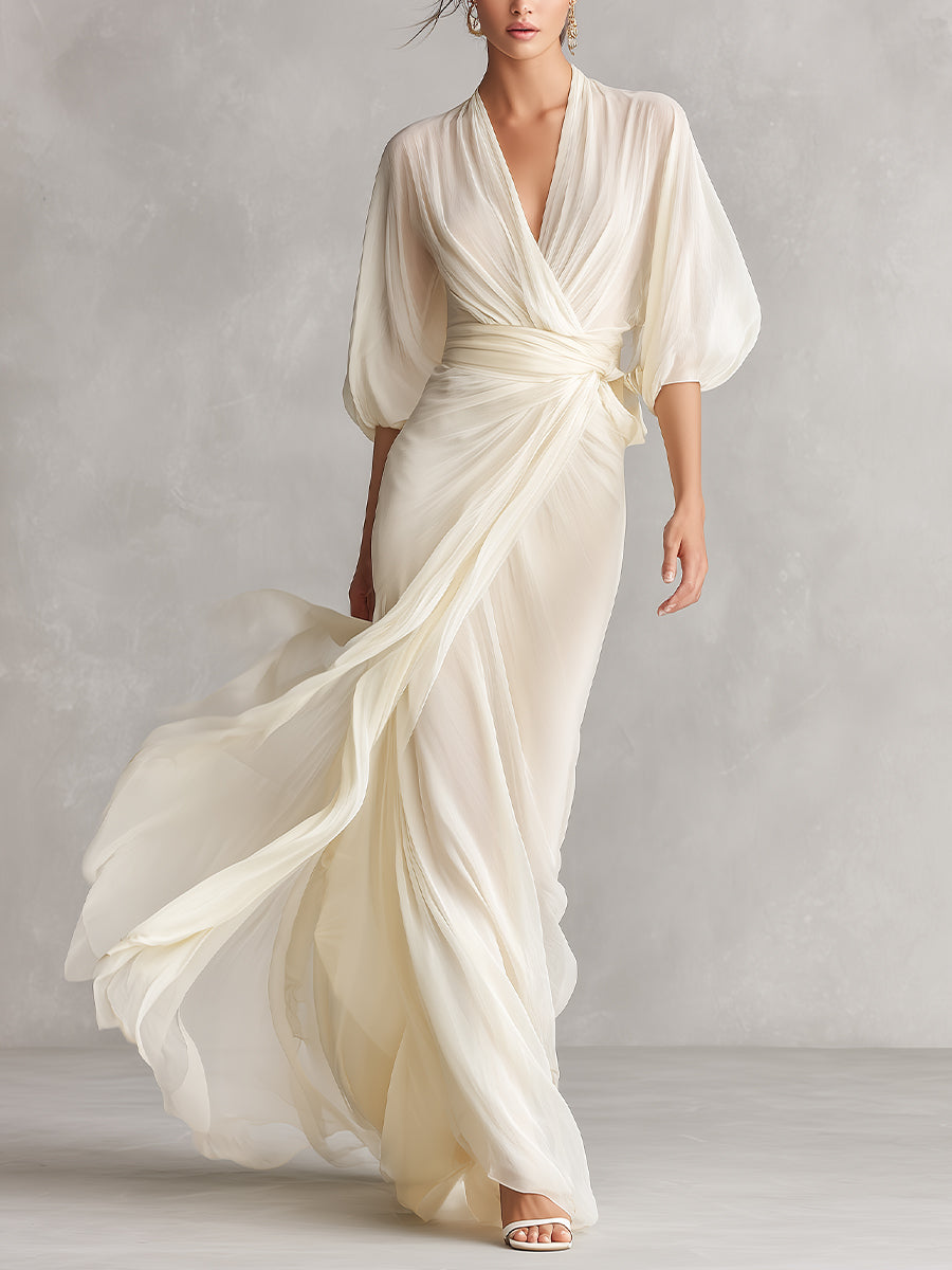 Abito in chiffon trasparente avorio da donna con maniche voluminose e dettaglio a portafoglio, vestito in stile romantico-lussuoso senza tempo