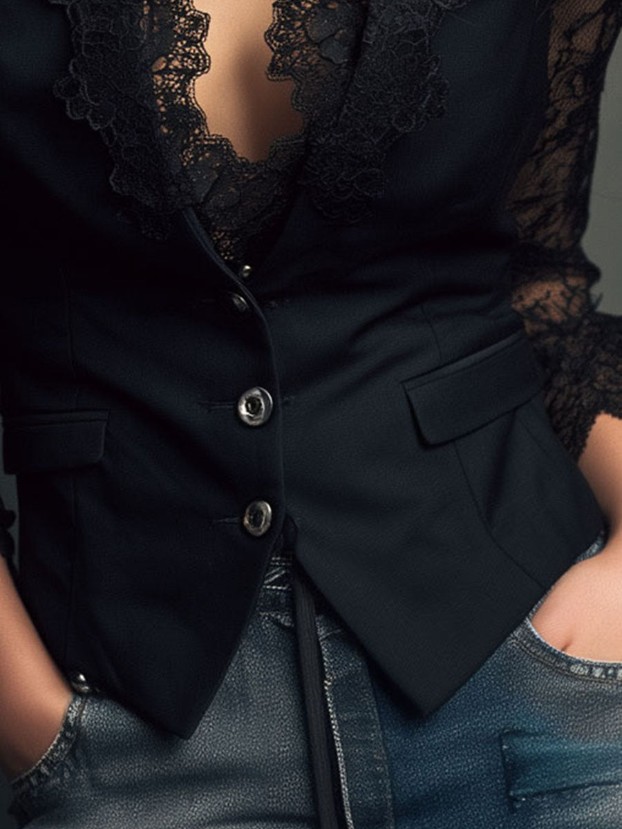 NOÉMIE | TOP BLAZER NERO CON MANICHE SEMITRASPARENTI
