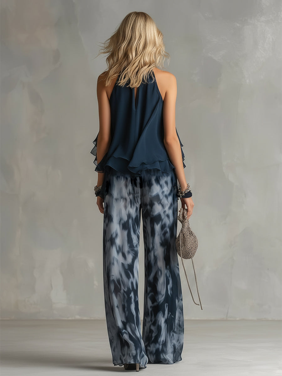 LUDMILA | ELEGANTE IN CHIFFON CON TOP A COLLO ALTO E PANTALONI LARGHI STAMPATI