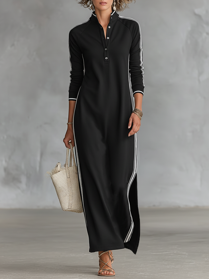 Abito Felpa Maxi da Donna con Colletto Button-down e Bordo Bianco