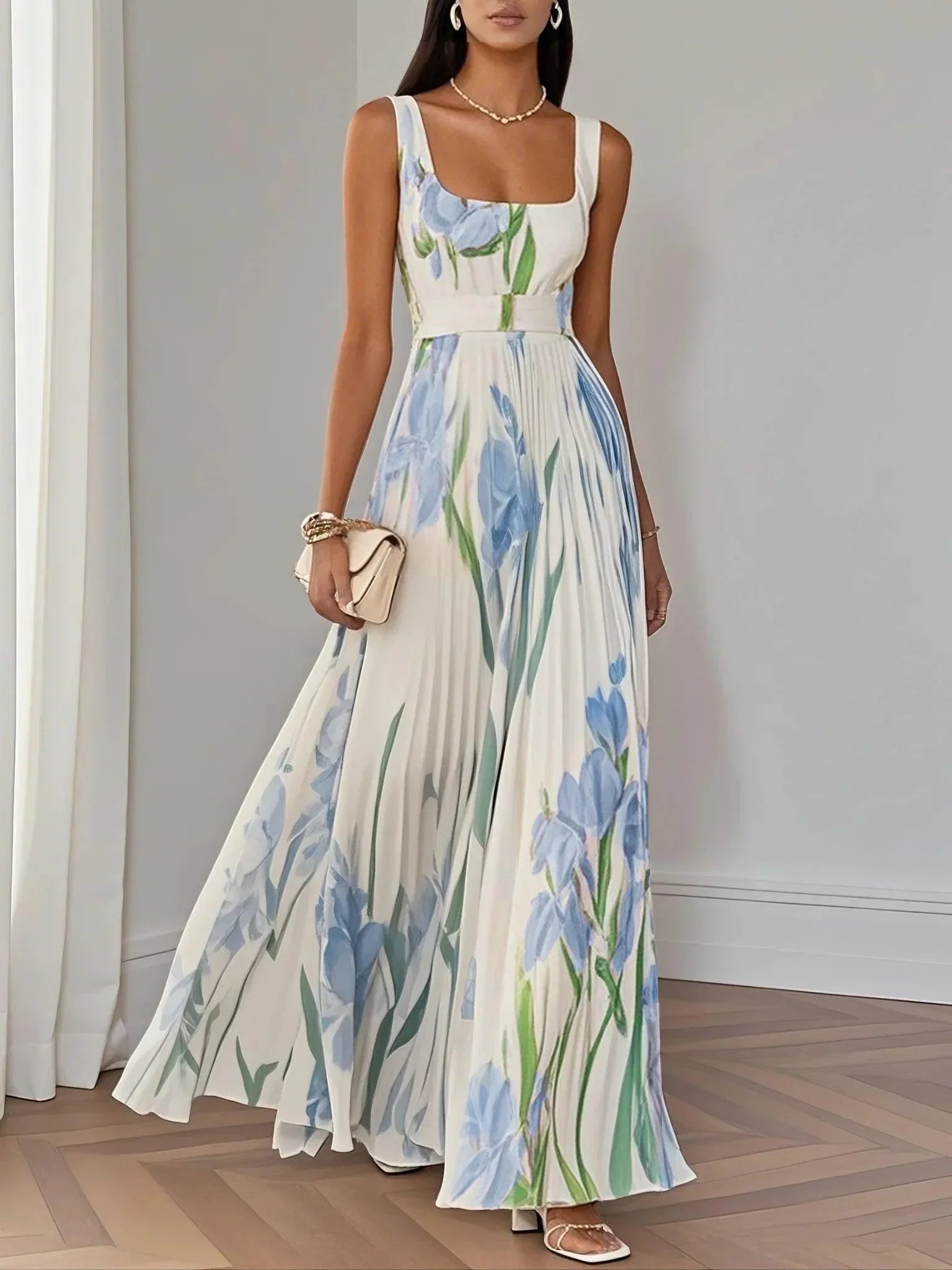 Vestito lungo svasato senza maniche con scollo quadrato in chiffon floreale plissettato bianco