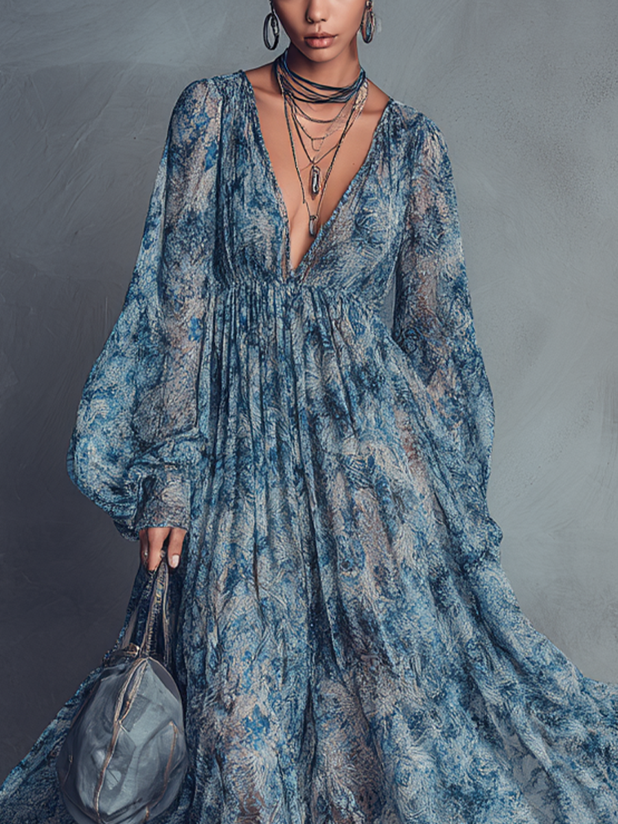 ABITO LUNGO IN CHIFFON CON STAMPA FLOREALE BLU IN STILE BOHÉMIEN DA DONNA CON SCOLLO A V E MANICHE A LANTERNA